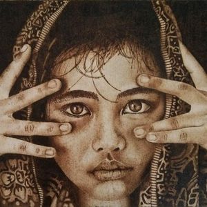Girl pyrography on wood